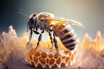 closeup to a honey bee on honeycomb - obrazy, fototapety, plakaty