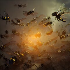 Wasps flying dreamy illustration. Art created with AI technology 