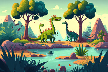 gathering of dinosaurs by the river. Generative AI