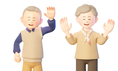 Fototapeta premium 3d illustration of an old man and woman greeting each other with happy faces and hands