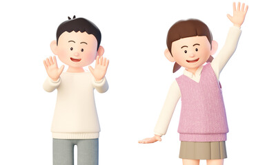 3d illustration of a boy and a girl raising their hands and greeting each other with a happy expression