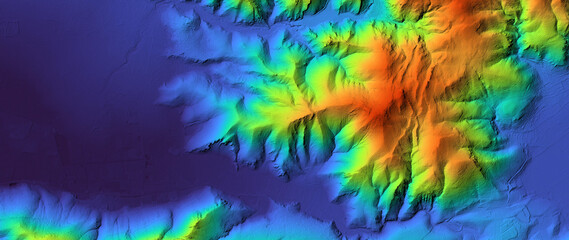 Concept de fond - Erosion - Vue aérienne de paysage vallonné territoire montagneux - Rendu 2d modèle numérique de terrain avec colorisation hypsométrique