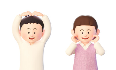 3d illustration of a boy and a girl making a heart shape with their fingers