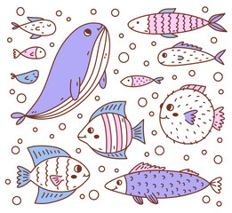 Set of cute and funny fish isolated on white background. Vector hand-drawn illustration in doodle style. Perfect for decorations, logo, various designs. Cartoon characters.