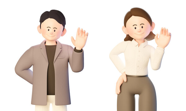 3d illustration of a young working man and woman smiling and greeting each other with their hands