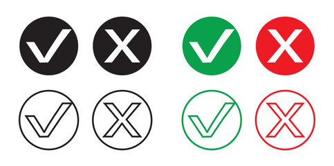 Check list and cancel icon ; simple, vector, illustration, flat design ;isolated in white background ; colored black, white, green and red