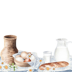 Watercolor breakfast with milk and bread. Summer picnic in village. Farm illustration