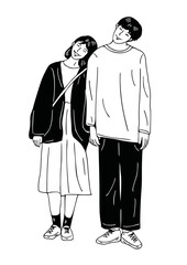 Fototapeta na wymiar A couple walking Young people lovers lifestyle Hand drawn line art Illustration