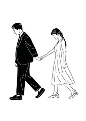 A couple walking Young people lovers lifestyle Hand drawn line art Illustration