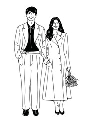 The couple in a moment of romantic meeting. Line art illustration of a romantic couple for cards, wedding invitations, dating site. Valentine's day congratulations. Vector illustration