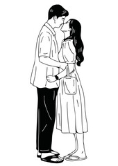 Fototapeta na wymiar The couple in a moment of romantic meeting. Line art illustration of a romantic couple for cards, wedding invitations, dating site. Valentine's day congratulations. Vector illustration