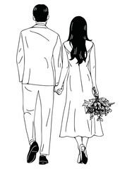 The couple in a moment of romantic meeting. Line art illustration of a romantic couple for cards, wedding invitations, dating site. Valentine's day congratulations. Vector illustration