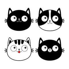 White black cat face head line contour silhouette icon set. Cute cartoon funny character. Different emotions. Funny kawaii smiling sad doodle animal. Pet collection. Flat design Baby background