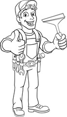 Window cleaning cartoon cleaner mascot man holding a carwash squeegee tool. Giving a thumbs up.