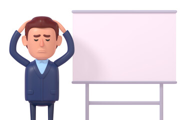 3d render of sad businessman standing near blank whiteboard holding his head in stress, failed presentation concept