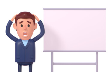 3d render of businessman standing near whiteboard shocked, failed presentation concept