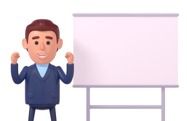 3d render of cheerful businessman standing near blank whiteboard, successful presentation