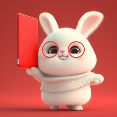 Adorable and super cute white baby bunny holding up billboard in red background. The rabbit year. Lunar New Year. Chinese New Year.