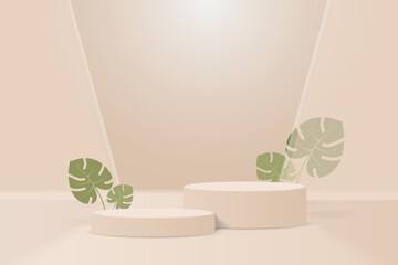 beige or brown pastel color minimal scene . realistic 3d brown cylinder podium pedestal stand with tropical palm leaf and light shining through glass shape . Product, Cosmetic display Presentation. 