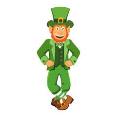 A dancing leprechaun performs an Irish jig dance. A red-bearded, happy Irishman in a green suit and hat is smiling. Vector illustration of a fairy tale character