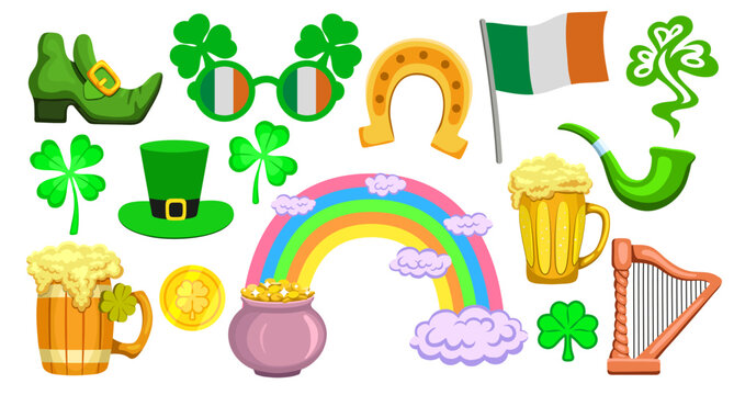 St. Patrick's Day set with Irish trappings such as harp, pot of gold and rainbow, shamrock smoking pipe and mug of ale, hat, flag, coin and lucky horseshoe and leprechaun shoe. Vector illustration