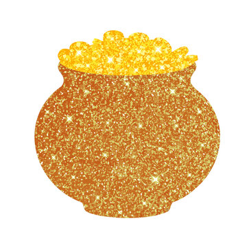 Clay pot with gold and textured glitter for St. Patrick's Day, a symbol of the Irish holiday.  Leprechaun Gold. Vector illustration of sparkle isolated on white background