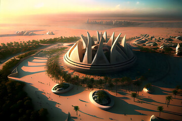 A futuristic stadium was built in the heart of Saudi Arabia, with the ancient pyramids of Egypt visible in the distance and the ancient ruins of Greece serving as the backdrop.