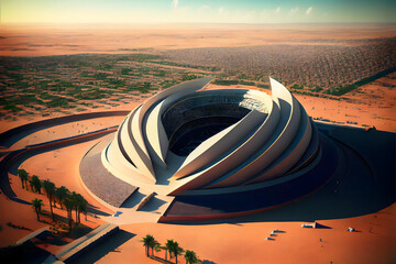 A futuristic stadium was built in the heart of Saudi Arabia, with the ancient pyramids of Egypt visible in the distance and the ancient ruins of Greece serving as the backdrop.