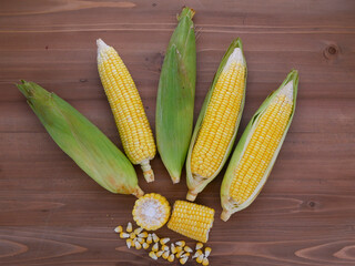 Fresh corn on cobs on wooden table