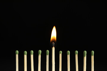 Burning match among unlit ones on black background, closeup