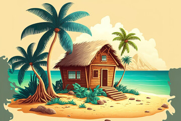 A beachside cottage or beach hut. hut, wooden house on heaps, palm palms, and rocks make up an island resort. Cartoon seaside scenery, 2d backdrop, and thatched roofed cottage a based image - obrazy, fototapety, plakaty