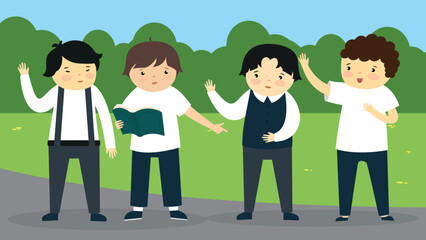 Four boys sing in the school yard