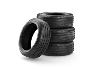 New tires pile on white background - 3d rendering of car tires. Auto service, Tyres stack change, Tyre shop concept.