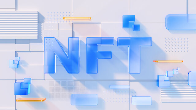 NFT nonfungible tokens concept - NFT word ith technology elements. 3d rendering