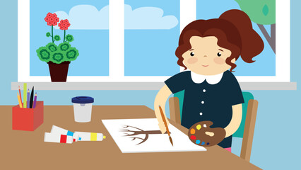 A girl in the classroom draws a tree at her desk