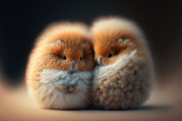 two cute baby fantasy furball animals huddled up to one another. Generative AI.