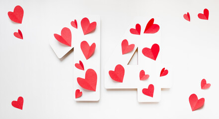 valentine's day composition mockup with number 14 and holiday decorations hearts and gifts isolated...