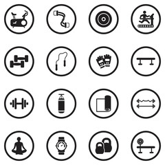 Home Gym Icons. Black Flat Design In Circle. Vector Illustration.