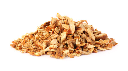 Pile of dried orange zest seasoning isolated on white