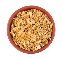 Bowl of dried orange zest seasoning isolated on white, top view