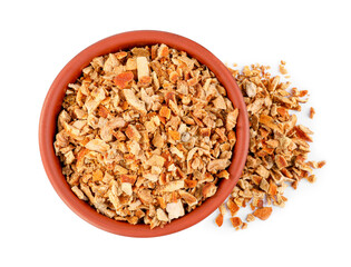 Bowl of dried orange zest seasoning isolated on white, top view