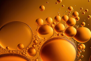 Macro closeup of gold champagne bubbles,  beer cider bubbles, abstract golden warm texture background, generative ai illustration