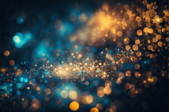 Background with vintage-style lighting. Golden sparkles and a glittering blue background. defocused