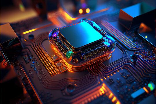 Luminous quantum processor on circuit board. Abstract technology background create with Generative AI