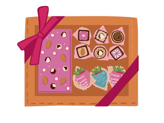 A box of chocolates as a gift. Sweets for Valentine s Day, Mother s Day, and Women s Day. Flat style, vector illustration.