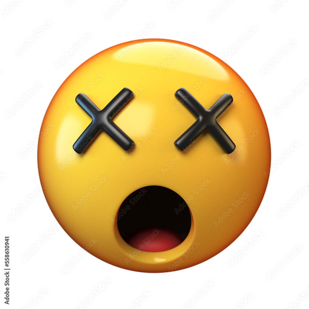 Sticker dead face emoji isolated on white background, cross eyes emoticon 3d rendering