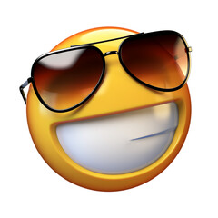 Cool emoji isolated on white background, smiling emoticon with sunglasses 3d rendering
