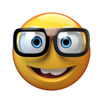 Nerd emoji isolated on white background, emoticon with glasses 3d rendering