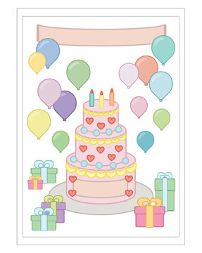 Elements for birthday Cake, balloons, gifts, party