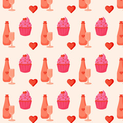 valentine's day seamless pattern with cupcake, heart, bottle with glass